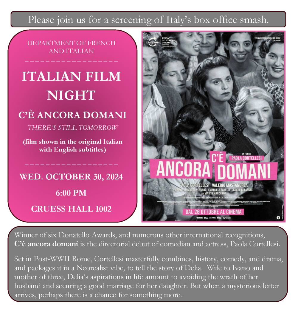 Italian Film Night C e Ancora Domani There s Still Tomorrow Department of French and Italian